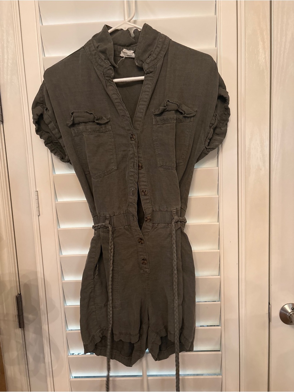 Olive Short-Sleeve Utility Romper with Drawstring Waist